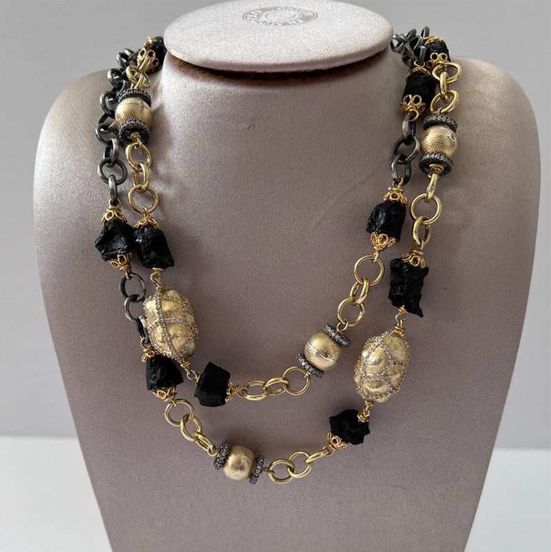 Black/Gold Long Beaded Necklace
