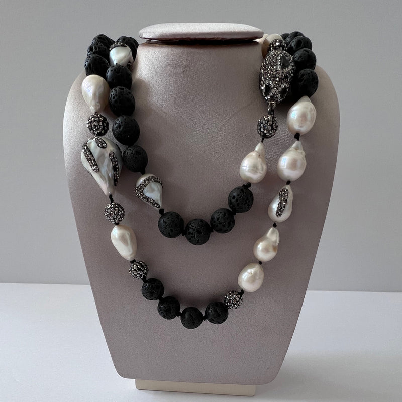 Pearl: Black Lava Bead Rhinestone long necklace